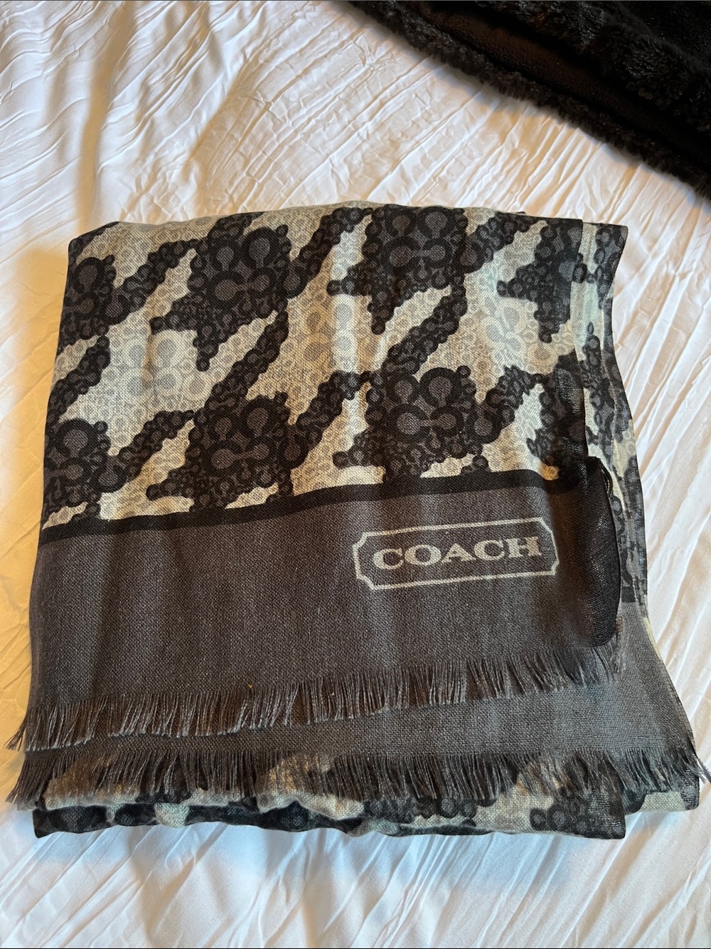 Coach Black and Cream Signature Logo Scarf